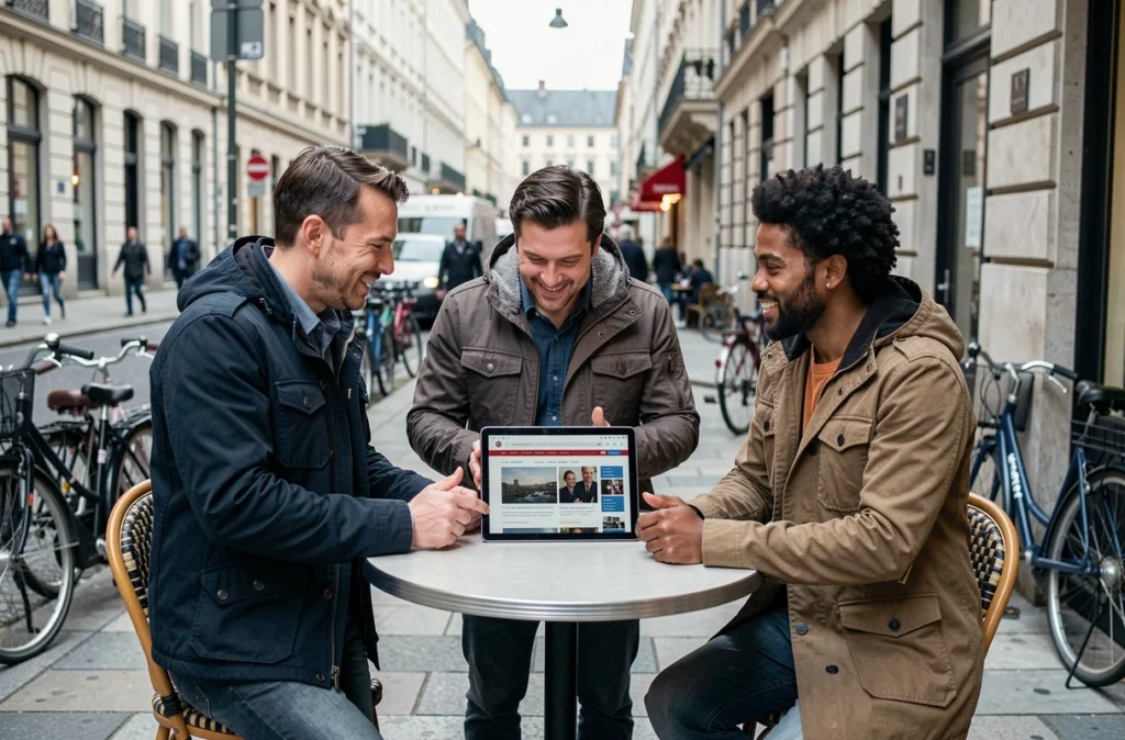 Groupe d'adultes discutant de l'actualité autour d'une tablette dans un café de ville en plein air