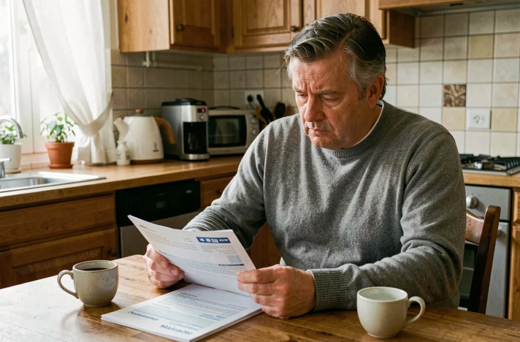 Homme lisant des documents administratifs de l'Assurance Maladie concernant la prise en charge des maladies graves à domicile