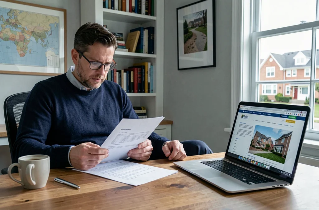 Un homme révisant un contrat immobilier dans son bureau à domicile