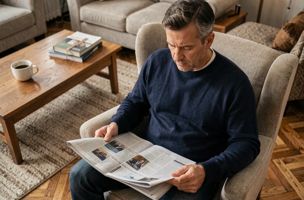 Homme lisant un journal imprimé dans un fauteuil confortable dans un salon chaleureux