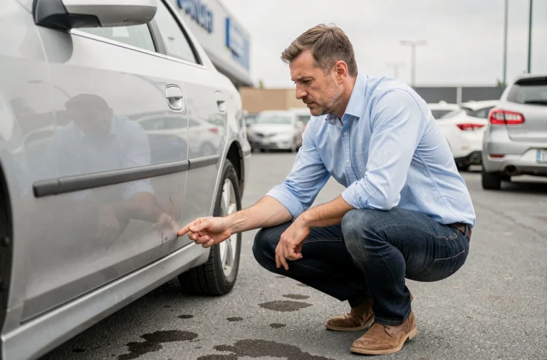 Homme inspectant la carrosserie d'une voiture d'occasion dans un parking de concessionnaire