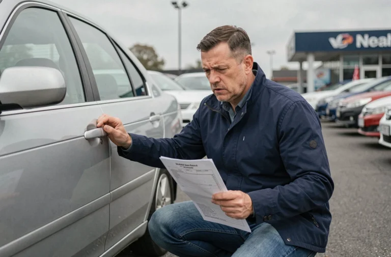 Un homme inspecte une voiture d'occasion chez un revendeur automobile, tenant un rapport d'inspection, illustrant les vérifications nécessaires avant l'achat d'un véhicule Aramis Auto