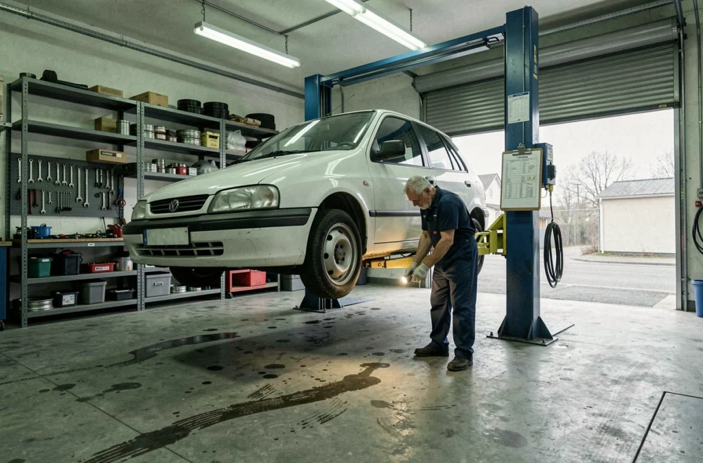 Un mécanicien inspecte le dessous d'une voiture d'occasion sur un pont élévateur dans un garage professionnel, symbolisant le contrôle technique et la fiabilité des véhicules vendus par Aramis Auto