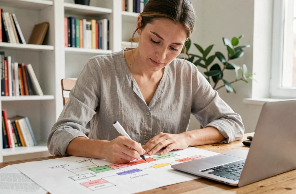 Femme organisant un plan de blog sur papier avec des marqueurs colorés dans un bureau à domicile moderne