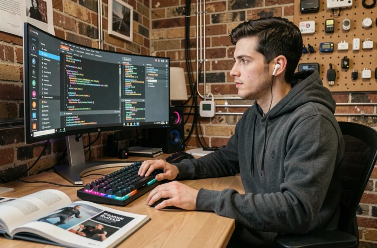 Jeune passionné d'informatique travaillant sur un bureau high-tech avec clavier mécanique et écran ultrawide dans un home office moderne