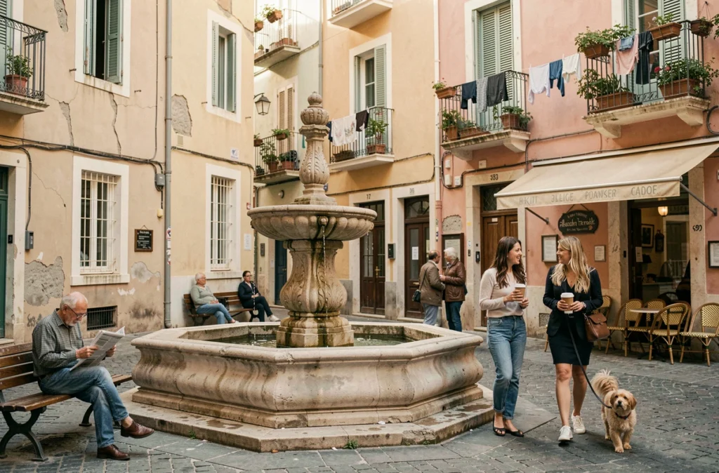 Place animée du quartier du Panier à Marseille avec résidents locaux autour d'une fontaine historique