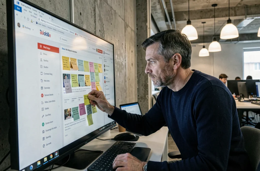 Homme structurant la navigation d'un blog sur un écran tactile dans un espace de coworking contemporain
