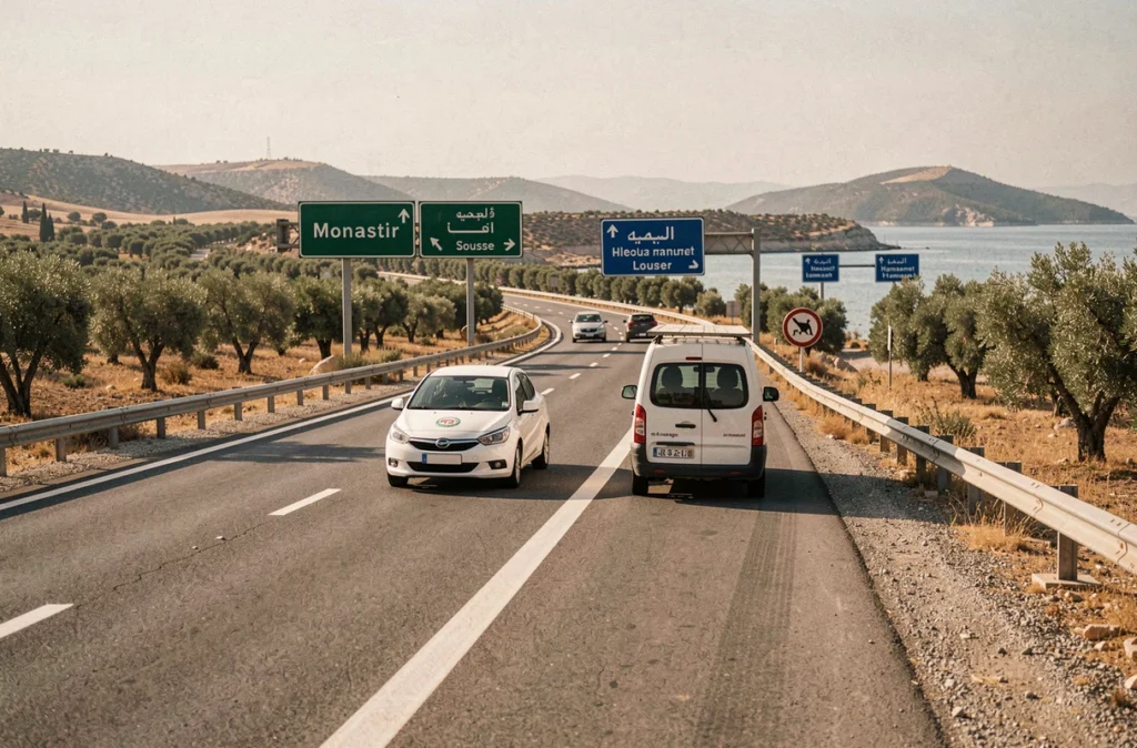 Route autoroute tunisienne entre Tunis et Monastir avec signalisation en arabe et français