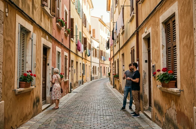Ruelle pavée typique du quartier du Panier à Marseille avec habitants locaux et façades colorées