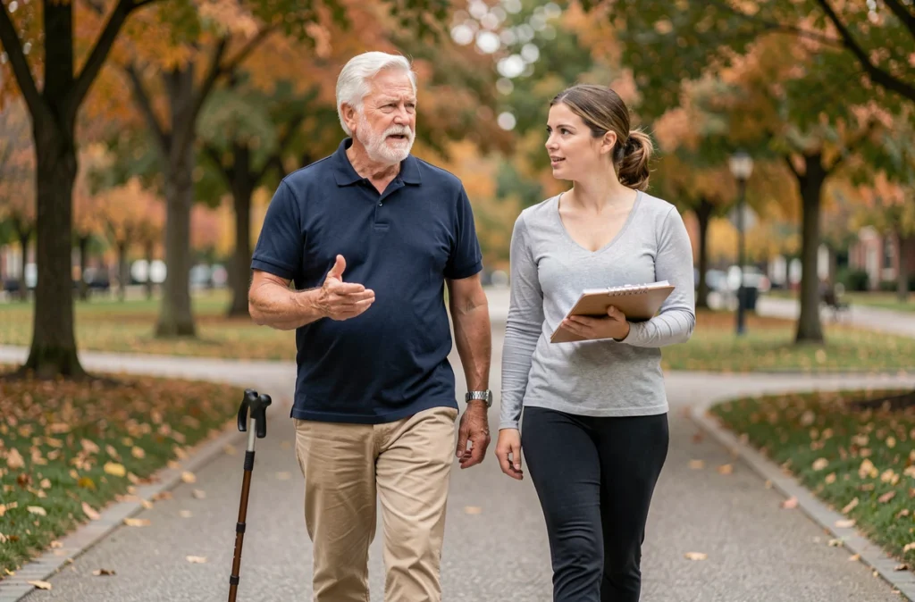 Un homme senior marchant avec une ergothérapeute dans un parc urbain en automne, représentant l'accompagnement professionnel à domicile pour les personnes âgées autonomes