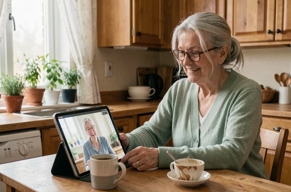 Une femme senior souriante en vidéoconférence avec un aidant via une tablette dans une cuisine chaleureuse, illustrant les services numériques d'accompagnement des personnes âgées