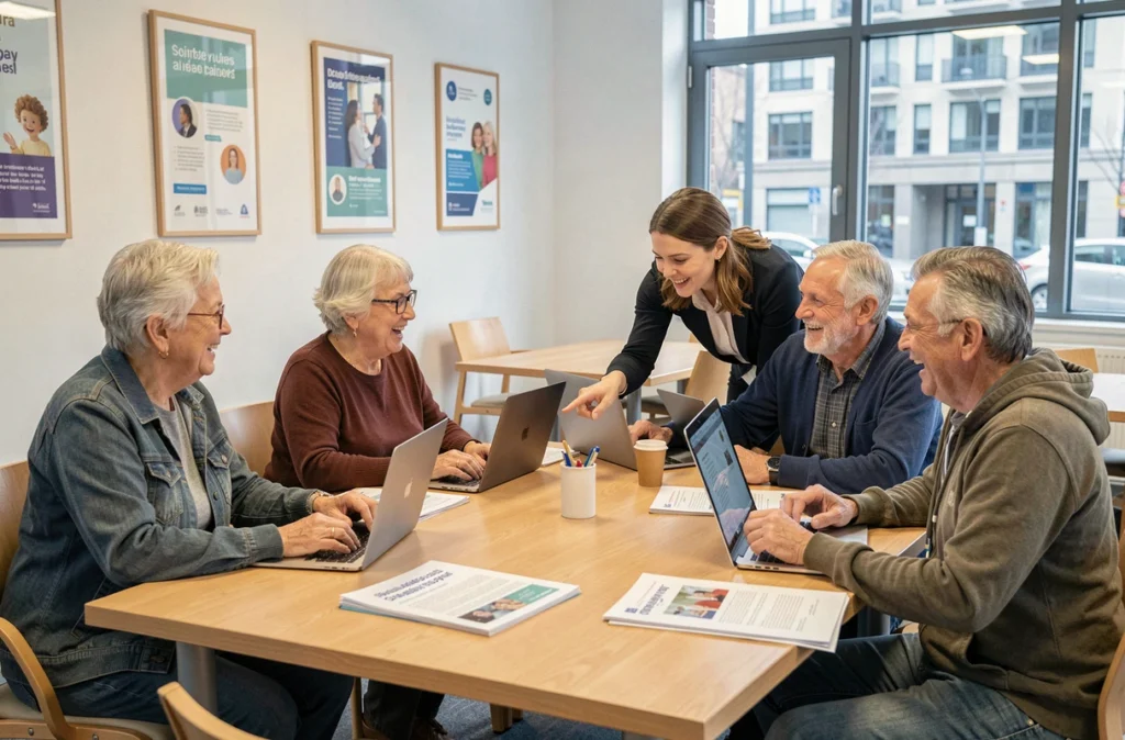 Un groupe de seniors participant à un atelier numérique animé par une bénévole dans un espace communautaire moderne, illustrant les services innovants d'inclusion digitale pour les personnes âgées