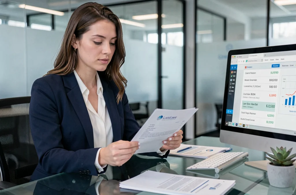 Jeune femme comparant des documents de simulation de crédit avec un conseiller financier dans un bureau professionnel