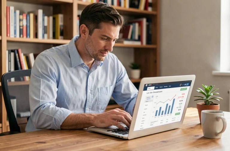 Homme consultant une simulation de crédit en ligne sur son ordinateur portable dans un bureau à domicile