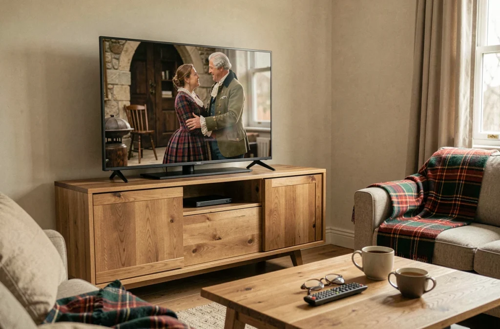 Téléviseur affichant une scène de drama historique écossais dans un salon moderne et chaleureux, ambiance téléspectateur réaliste