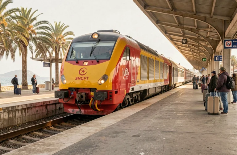 Train SNCFT en gare entre Tunis et Monastir avec des voyageurs sur le quai