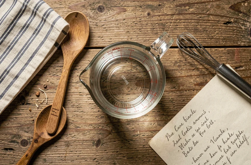 Vue aérienne d'un verre doseur avec 300 ml d'eau entouré d'ustensiles de cuisine sur une table en bois rustique