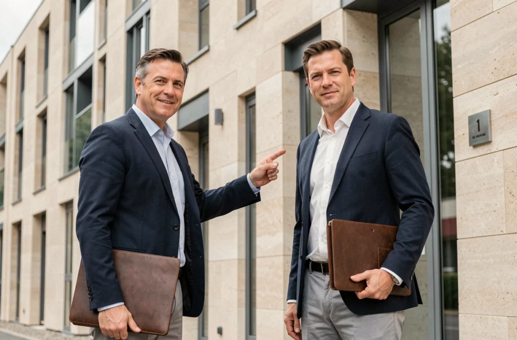Agent immobilier présentant un immeuble neuf éligible à la loi Pinel à Rennes