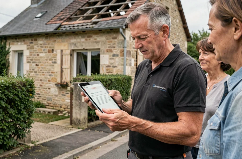 Artisan présentant un devis rapide sur tablette à des propriétaires devant une maison avec toiture endommagée