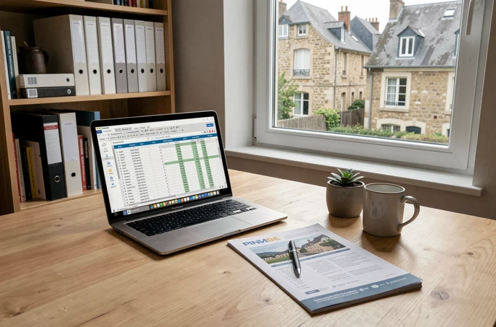 Bureau organisé avec documents et simulation fiscale pour investissement locatif loi Pinel à Rennes