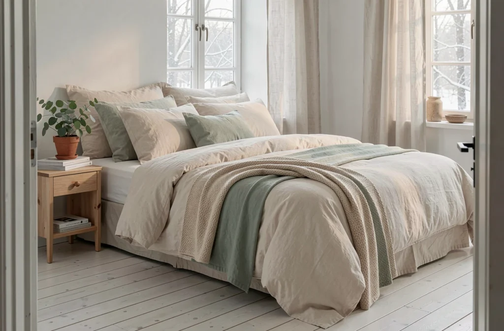 Chambre cocooning au style scandinave avec literie en coton bio superposée, plante eucalyptus et parquet en pin blanchi
