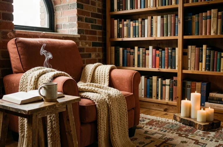 Coin lecture cosy avec fauteuil en lin terracotta, plaid en tricot épais et mug fumant dans un appartement aux murs en briques apparentes
