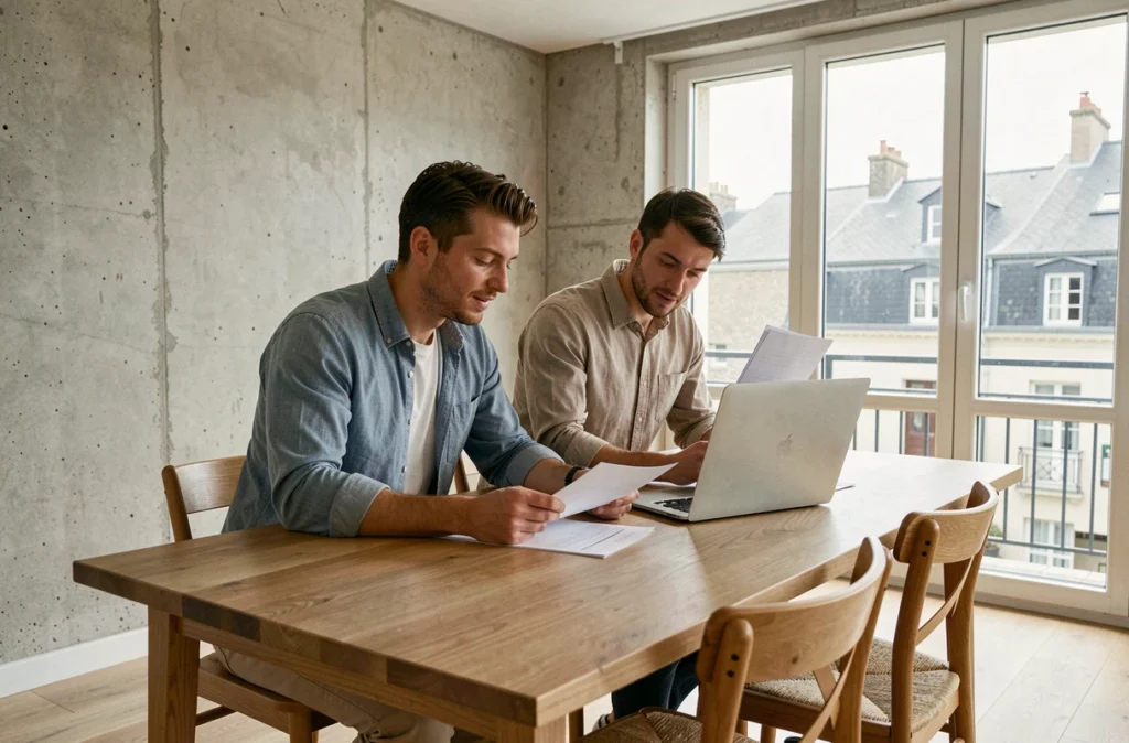 Couple de locataires examinant un contrat de location Pinel dans un appartement moderne à Rennes