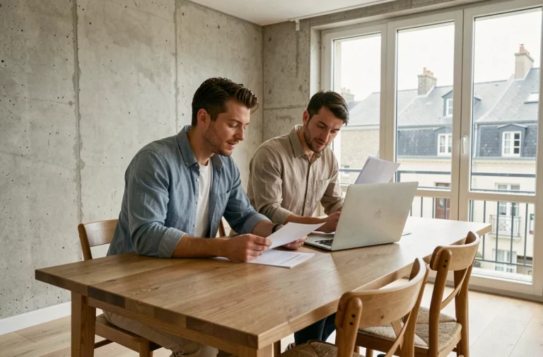 Couple de locataires examinant un contrat de location Pinel dans un appartement moderne à Rennes