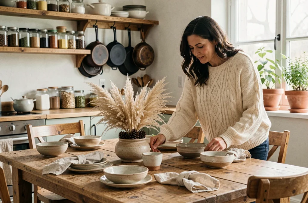 Cuisine et salle à manger rustiques chaleureuses avec femme arrangeant une table en orme massif, céramiques artisanales et herbes en pot sur le rebord de fenêtre