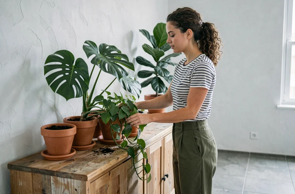 Jeune femme arrangeant des plantes d'intérieur sur un meuble en bois dans un salon scandinave