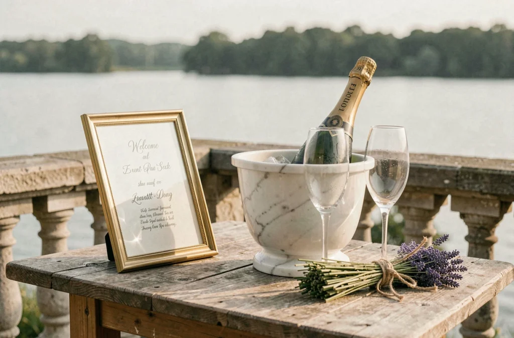 Détail d'un coin accueil raffiné sur la terrasse en pierre d'un domaine au bord du lac avec champagne et programme événementiel