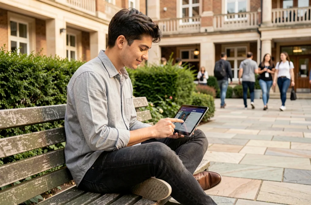 Étudiant consultant MyAgora Neoma sur une tablette dans la cour extérieure d'un campus universitaire
