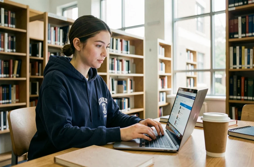 Étudiante utilisant le portail MyAgora Neoma sur son ordinateur portable dans une bibliothèque universitaire moderne