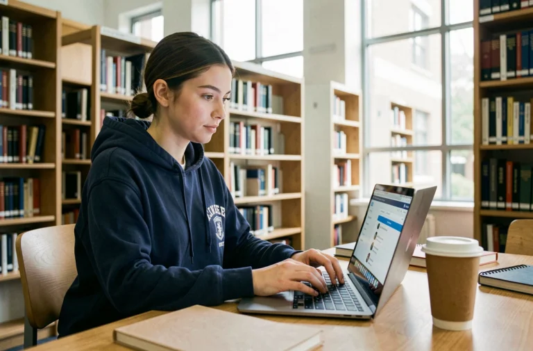 Étudiante utilisant le portail MyAgora Neoma sur son ordinateur portable dans une bibliothèque universitaire moderne