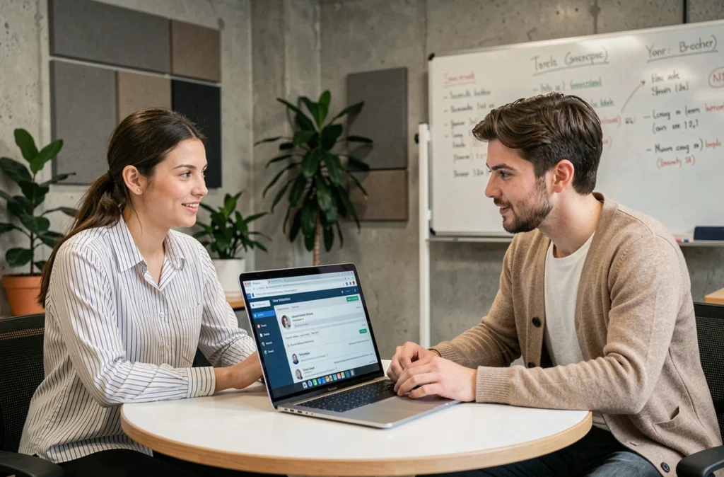 Deux étudiants collaborant sur le portail MyAgora Neoma dans un espace de coworking universitaire moderne