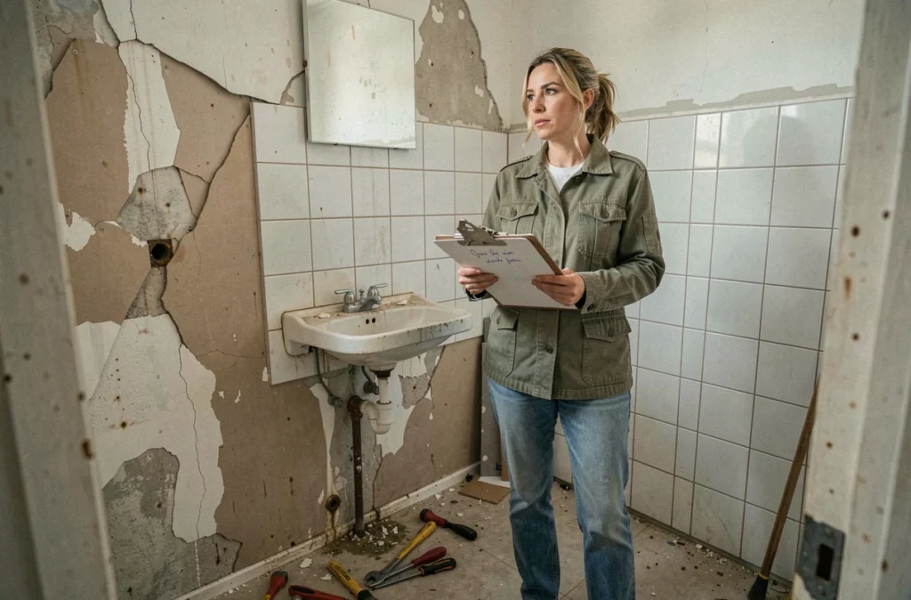 Femme évaluant des travaux urgents dans une salle de bain endommagée avec clipboard de devis