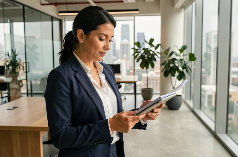 Femme d'affaires confiante en blazer marine tenant une tablette dans un bureau moderne avec vue sur la ville, illustrant les tendances professionnelles actuelles