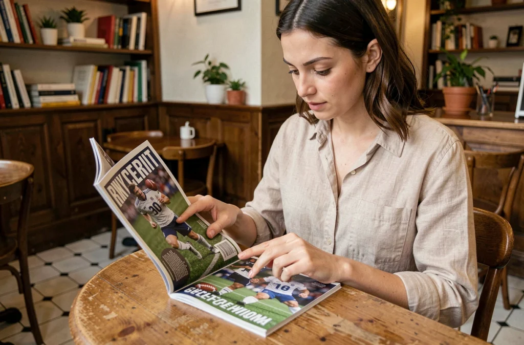 Femme parcourant les pages incontournables du magazine 11 dans un café parisien