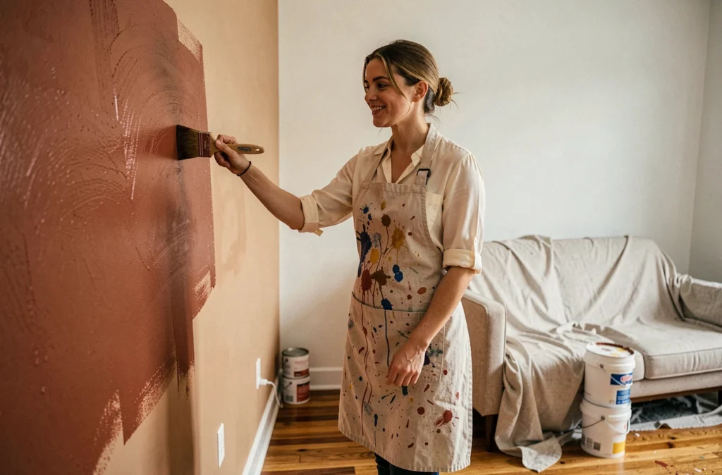 Femme peignant un mur en terracotta dans un salon moderne pour personnaliser son intérieur