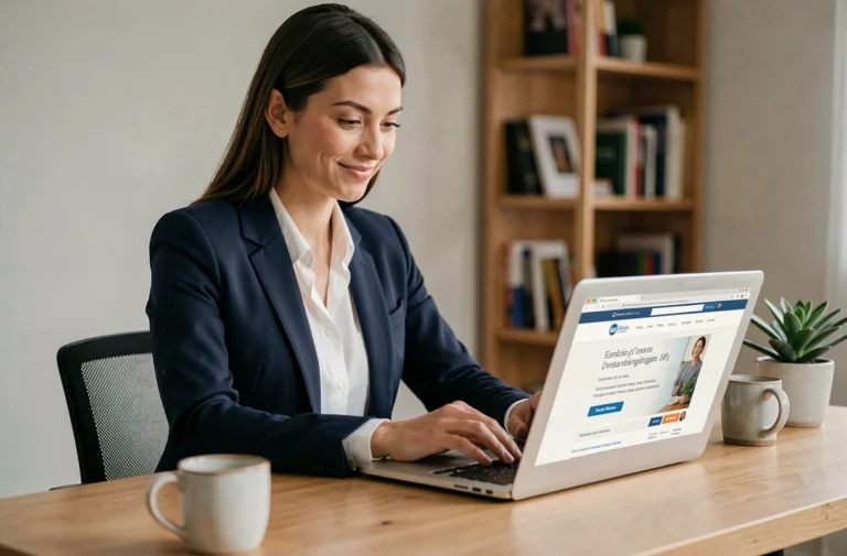 Femme professionnelle cherchant un emploi en ligne sur son ordinateur portable dans un bureau à domicile moderne