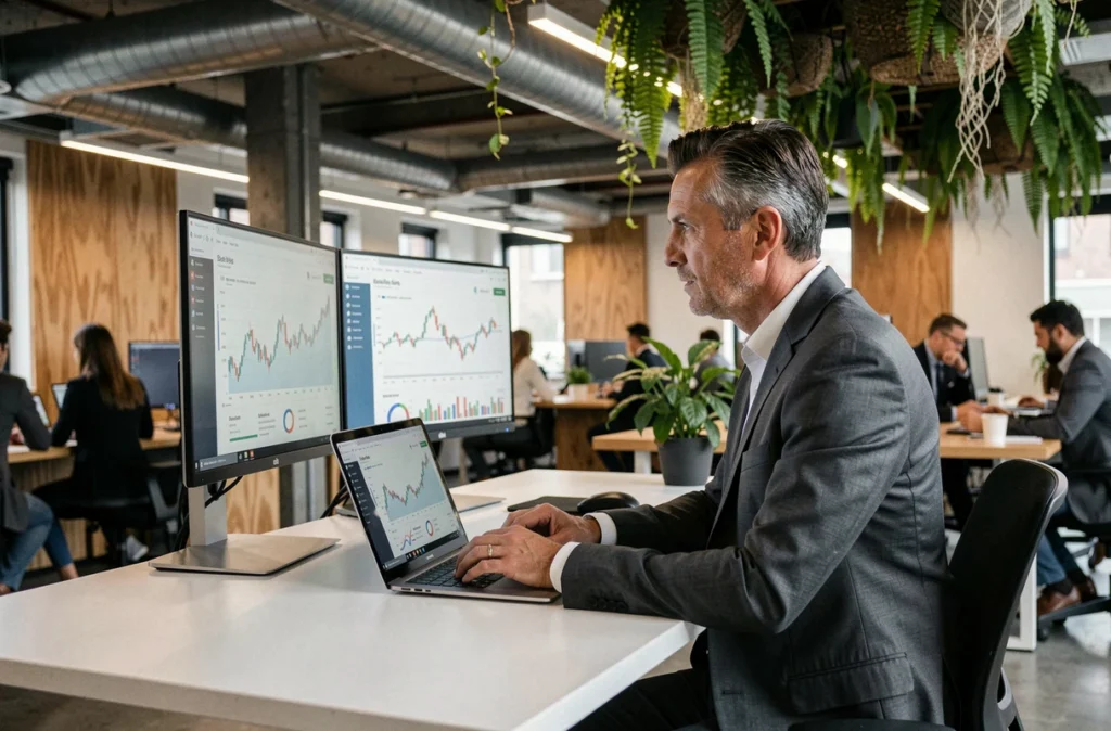 Homme d'affaires en costume gris travaillant sur un ordinateur portable dans un espace de co-working moderne, analysant des données et des tendances du secteur des affaires