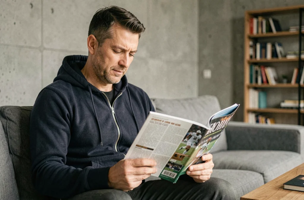 Homme consultant le sommaire complet du magazine de football 11 dans un salon moderne