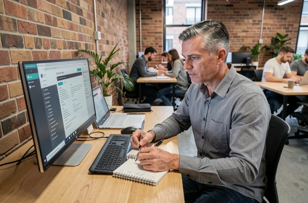 Homme d'âge mûr optimisant son CV sur un ordinateur dans un espace de coworking moderne