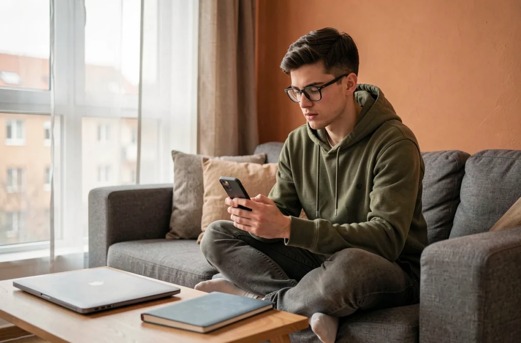 Jeune homme consultant des offres d'emploi sur smartphone depuis son canapé à la maison