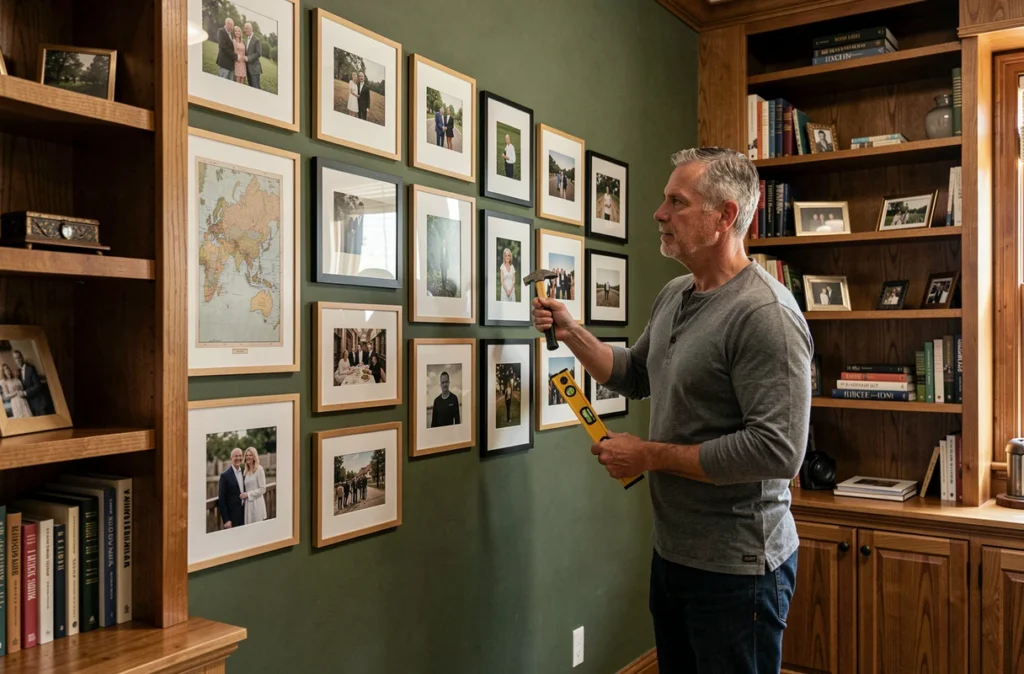 Homme installant un mur galerie de cadres et photos dans un bureau à domicile décoré