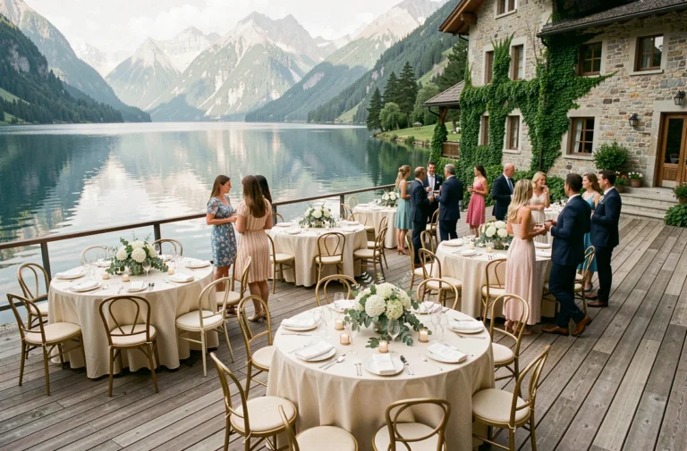 Réception élégante en plein air sur la terrasse d'une maison d'exception au bord d'un lac alpin avec tables dressées et invités