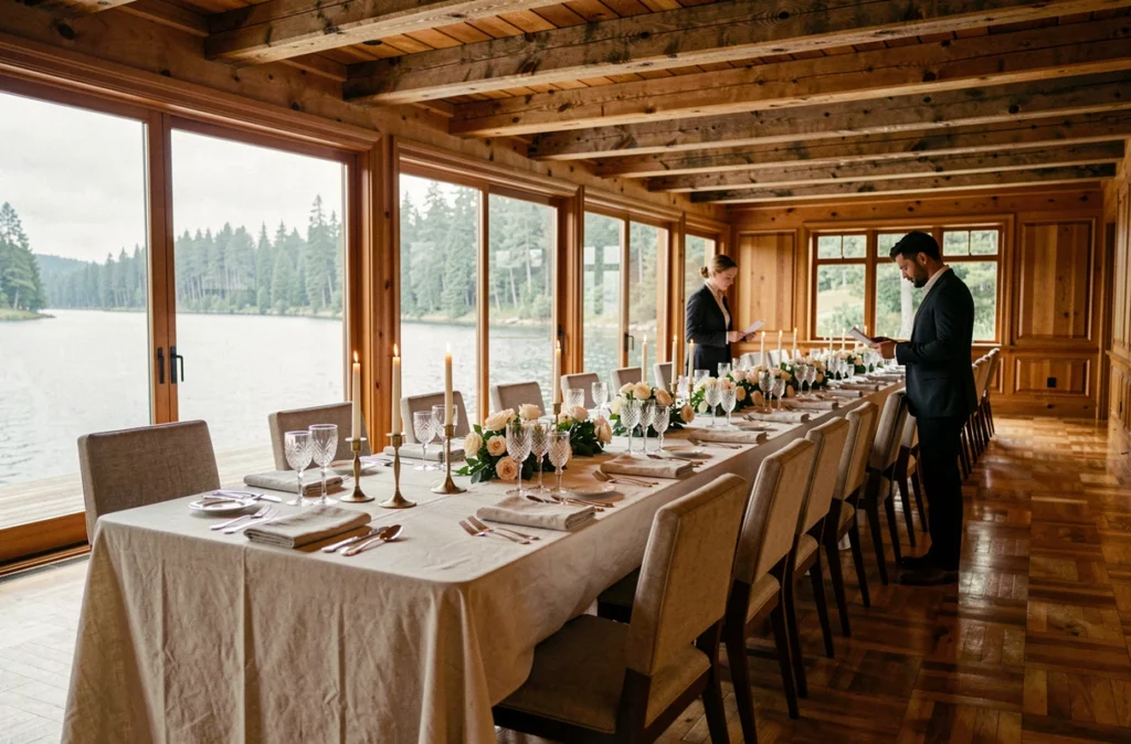 Salle de réception intérieure d'un manoir au bord du lac avec grande table dressée et poutres en bois apparentes